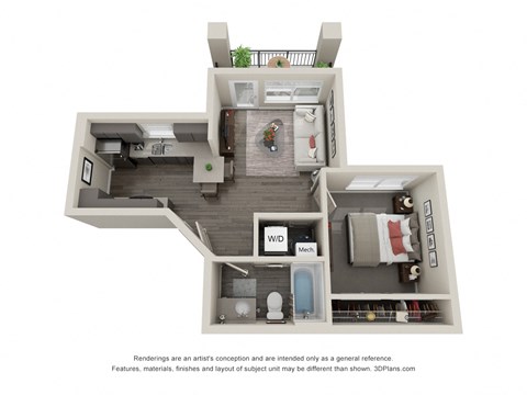 Floor plan for 1 bed, 1 bath, 553 sqft